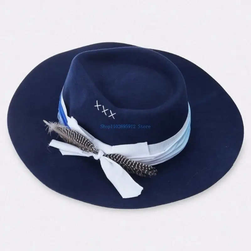 N7YE الكلاسيكية واسعة الحواف فيدوراس قبعة الصوف الريش قبعة لجميع القديسين ومهرجان الموسيقى الحدث الرسمي التصوير قبعة #3