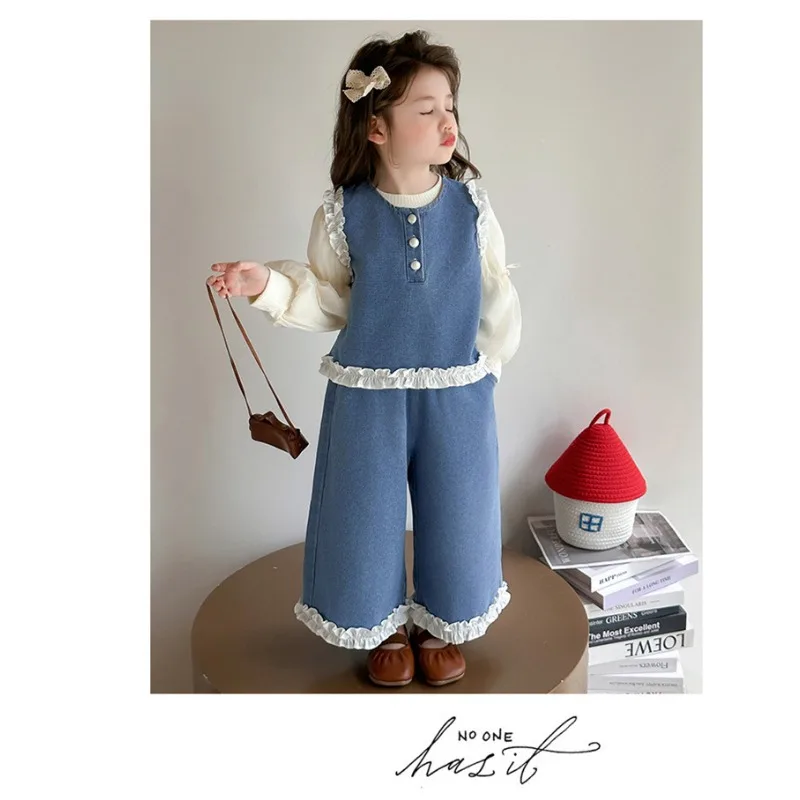 Girls' Back Bow Denim Vest Set, Children's Korean Fashion, Three-piece Set Wide Leg Pants, Children's Clothing