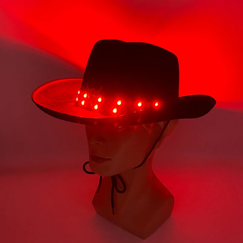 Chapéu cowboy LED brilhante para homens e mulheres, chapéu colorido, luz de néon, controle remoto, atraente, acessórios de fantasias, cowboy