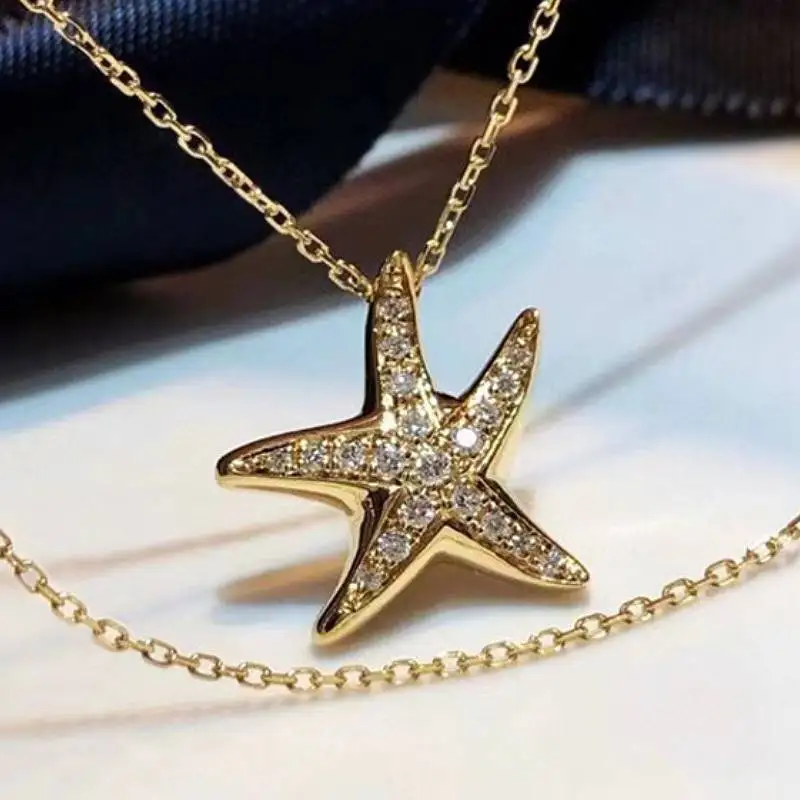 Huitan Niedliche Seestern-Form Damen-Anhänger-Halskette mit Glitzernden Zirkonia Frischer Stil Hochzeit Party Goldfarben Accessoires Damenschmuck