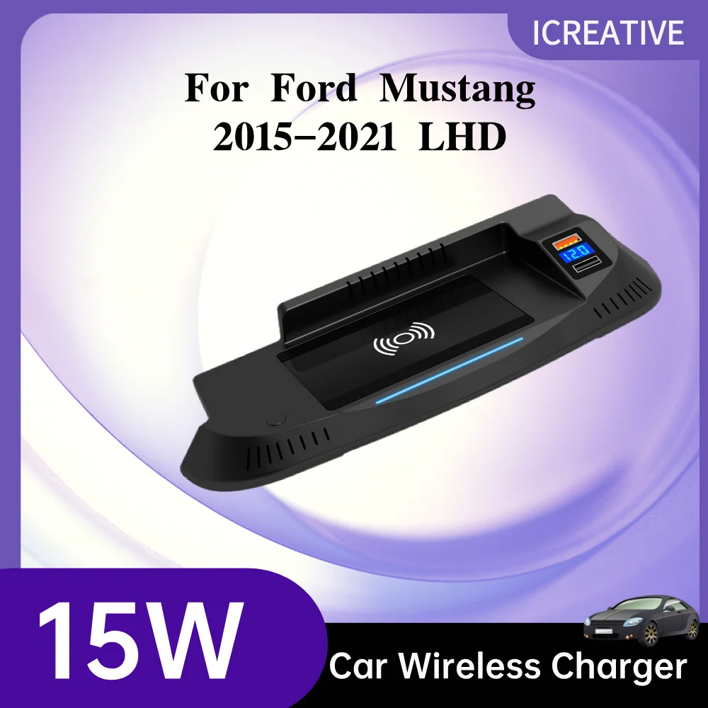 For Ford Mustang 2015-2021 LHD Car Wireless Charger Center Console 15W Fast Charging Pad Android Iphone Holder