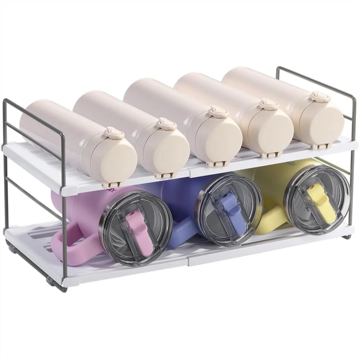 

Expandable 2-Tier Water Bottle Organizer for Cabinet, Adjustable Tumbler Storage Rack for Kitchen Pantry Countertop Fridge