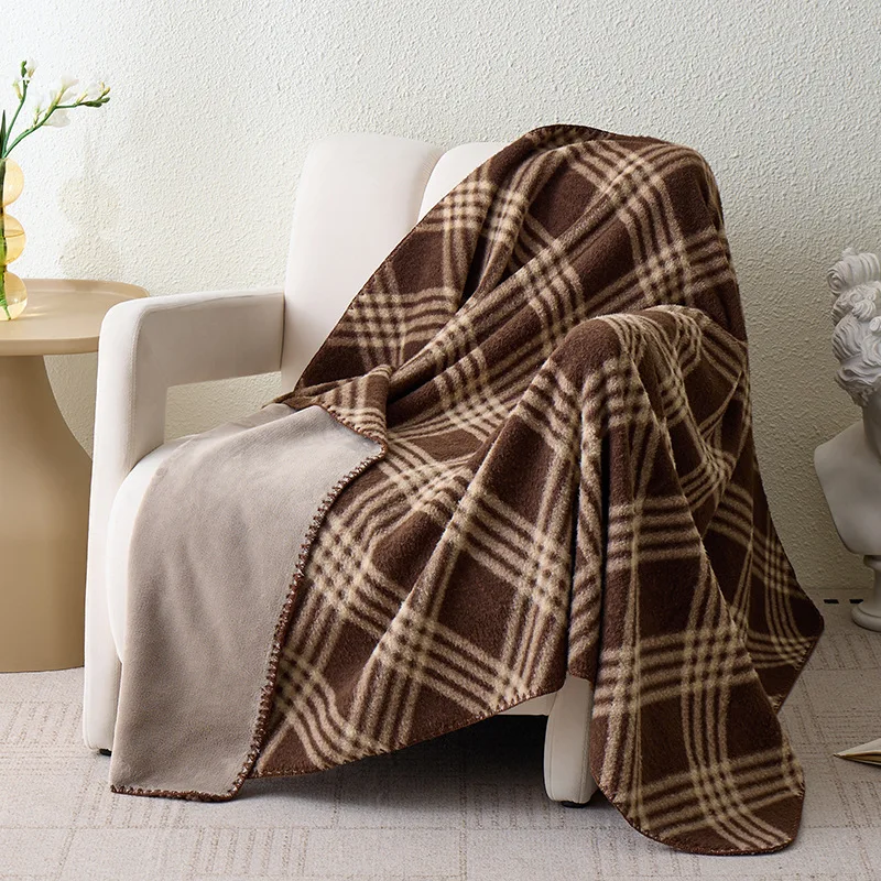 Fashion Retro Plaid Printed Blanket Maillard Style Faux Cashmere Soft Blanket High-End Leisure Nap Shawl for Travel Office Plane
