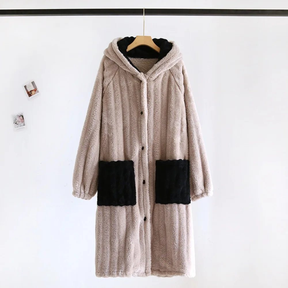 

Flannel Hooded Couple Nightgown Autumn Winter Season Thickened Fleece Women's Nightgown Coral Fleece Loose Winter Bathrobe