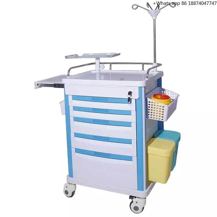 Manufactory wholesale hospital clinic patient room furniture with IV drip stand ABS medicine cart emergency trolley