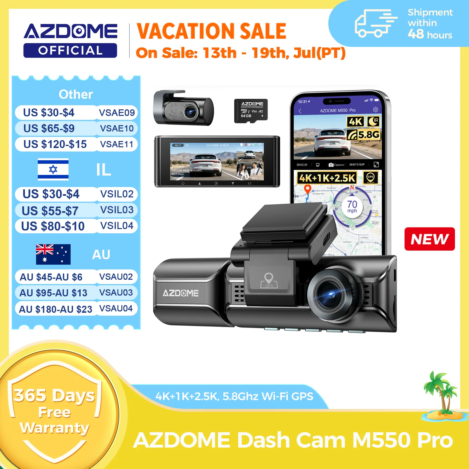 מצלמת רכב AZDOME M550 Pro Dash Cam 4K עם GPS