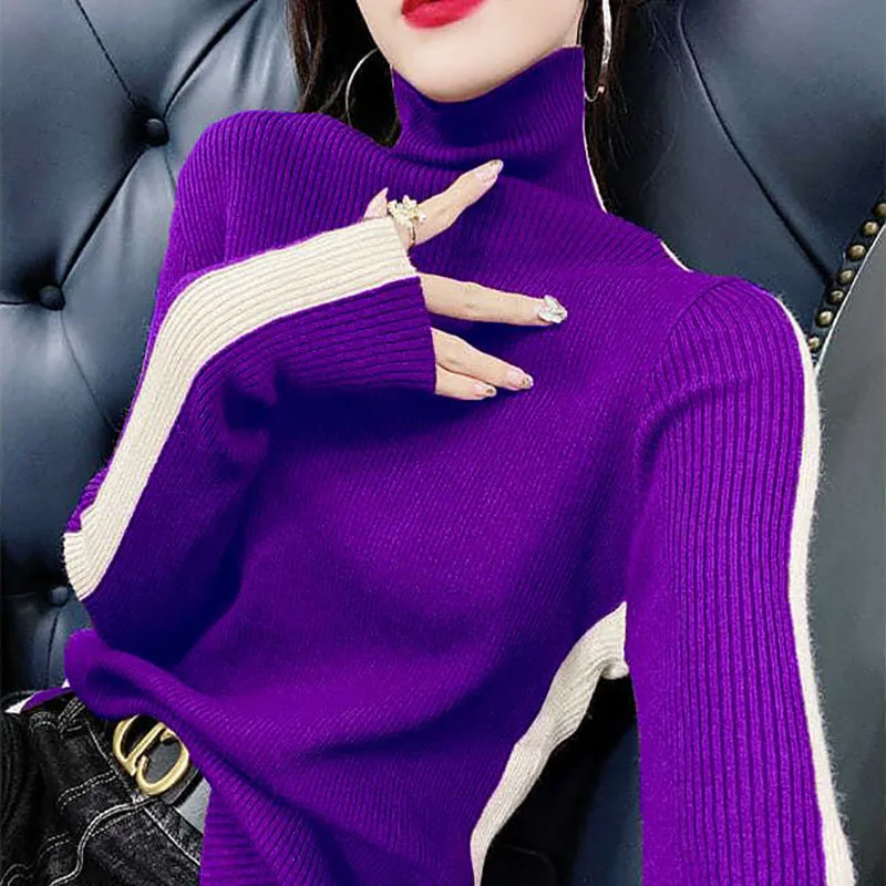 Fashion Turtleneck Knitting Spliced All-match Sweater Women\'s Clothing 2022 Autumn New Casual Pullovers Loose Korean Tops