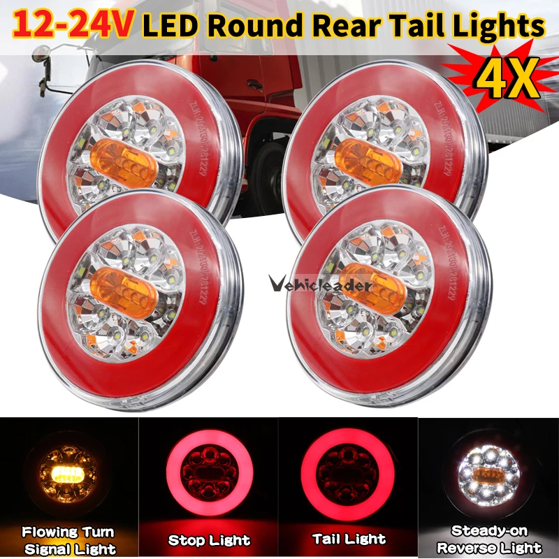 

4Pcs Truck Taillight Reverse Brake 4in1 Dynamic Tail Trun Signal 12-24V Reverse Lamp Round Tail Lights Car Trailer Lorry RV Bus