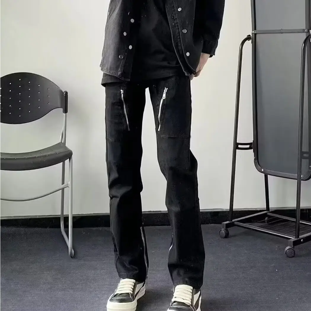 

Модные джинсы с высокой талией, прямые, на молнии, из денима, в уличном стиле, простые, трендовые, молодежные, из полиэфирного волокна, всесезонные