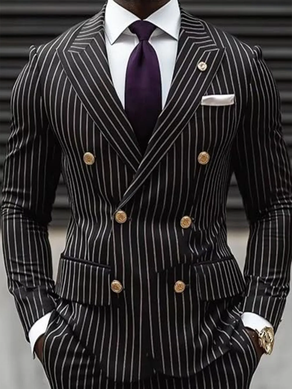 

Black Stripe Men's Suits 2 Pcs Peak Lapel Double Breasted Male Clothing Prom Party Elegant Wedding (Jacket + Pants) Groom Dress