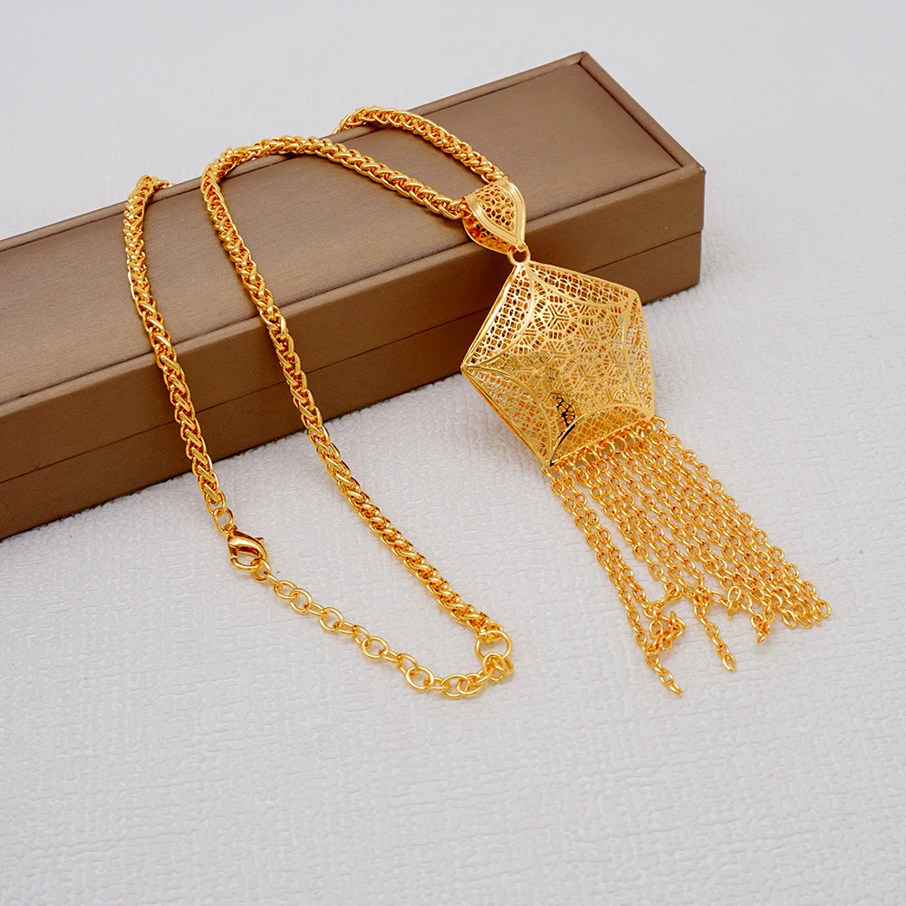 Fashion Charms Dubai Gold Color Tassels Pendant Necklace & Earrings Jewelry Set For Women Long Chain Weddings Accessory Gifts