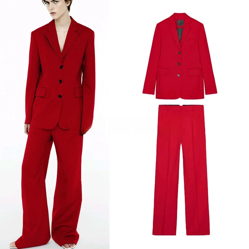 

High Waist Casual Long Pants with Lapel Straight Cut Long Sve Suit Jaet Polyester Fiber 00% Spring Season Women's Set