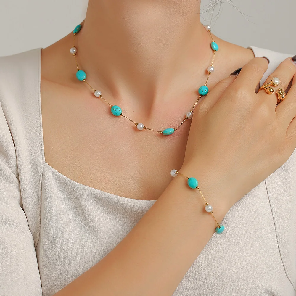 Turquoise Stones Pearl Necklace Bracelet Women Set Stainless Steel Natural Stone Beaded Pendant Female Necklaces Luxury Jewelry