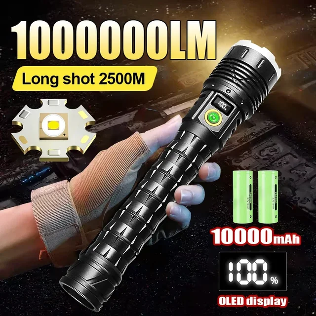 10000mah lanterna led de alta potência 5000m tocha de longo alcance recarregável ultra poderosa lâmpada de mão tática ao ar livre lanterna de acampamento