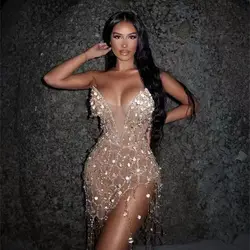 Golden Sequins Diamonds Tassel Sexy V-Neck Strapless Mini Evening Dress Woman Birthday Party Outfit Stage Performance Costume