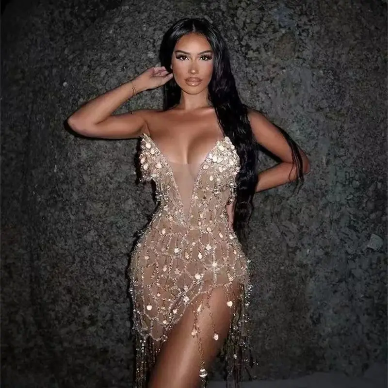 Złote cekiny diamenty frędzel Sexy dekolt w szpic bez ramiączek Mini suknia wieczorowa kobieta strój na imprezy urodzinowe kostium sceniczny