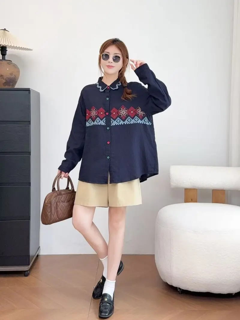 New 2026 Autumn Women Cotton Long Sleeve Shirt, Turn-down Collar Embroidery, Mori Girl Ethnic Style Chic Loose Blouse T68120CC view 4