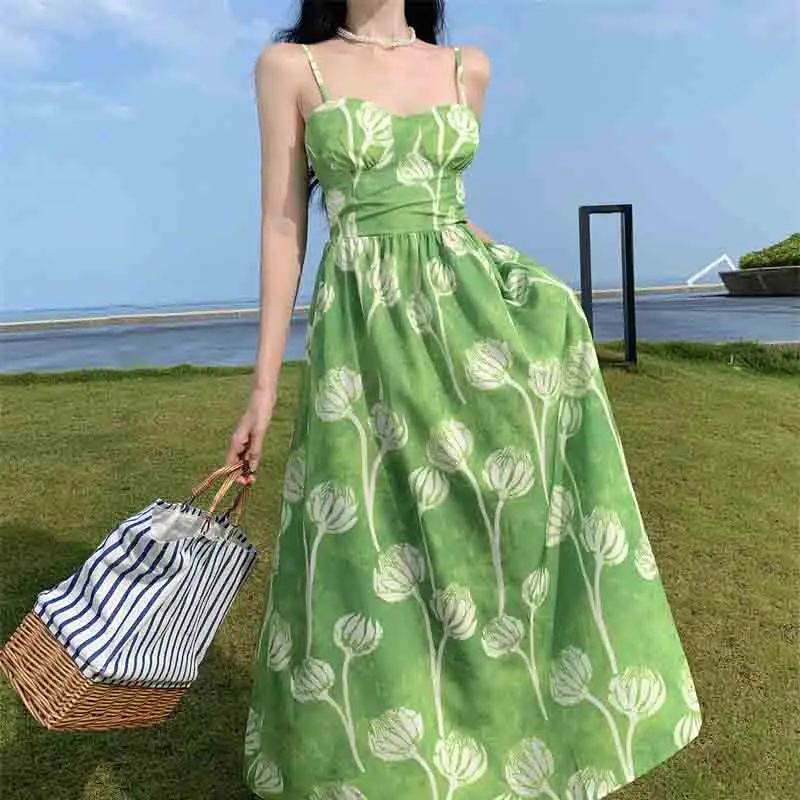 Elegant Green Printing Dress Women's Summer Seaside Beach High Waist Long Dresses 2024 New Fashion Casual Oliday Dress