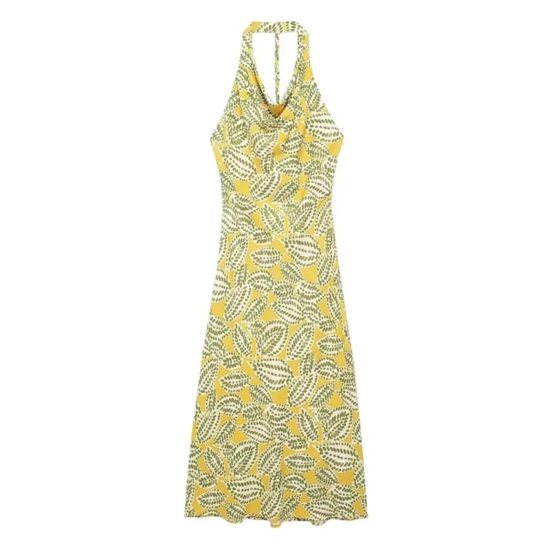 

Printed neckline Camisole dress for woman Summer backless Slim High Street Casual Rural style Knee-Length Dress