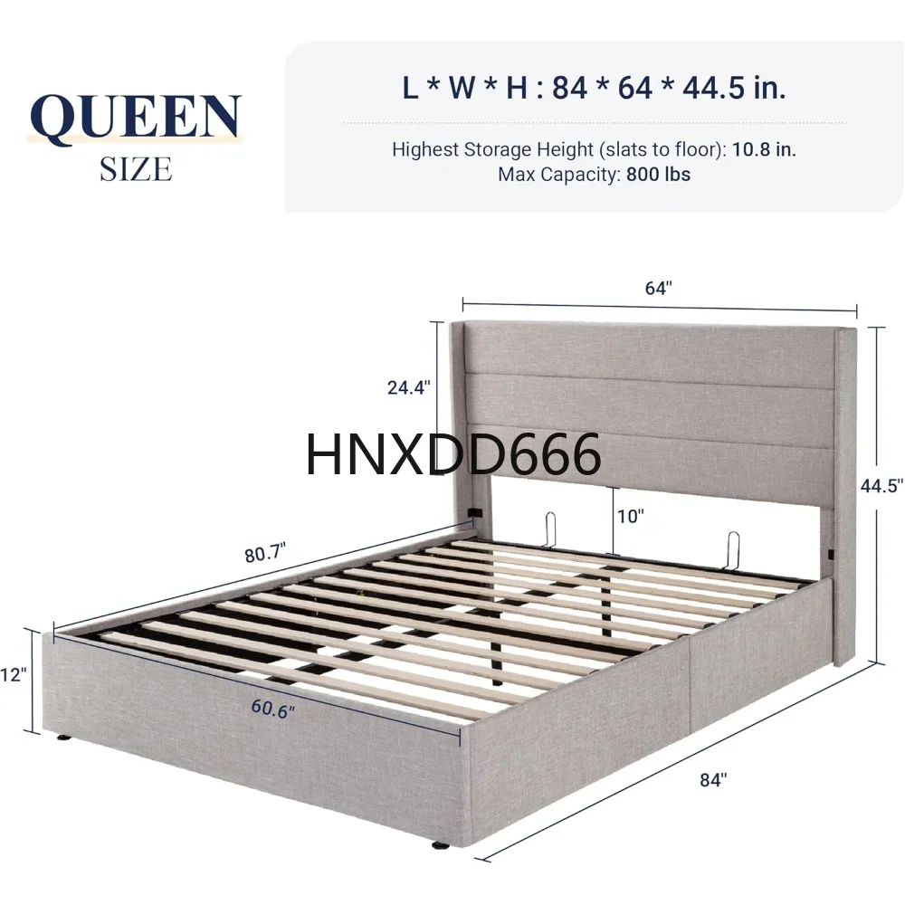 Queen Size Lift Up Storage Bed, Modern Wingback Headboard, Hydraulic Support, No Box Spring Needed, Light Beige