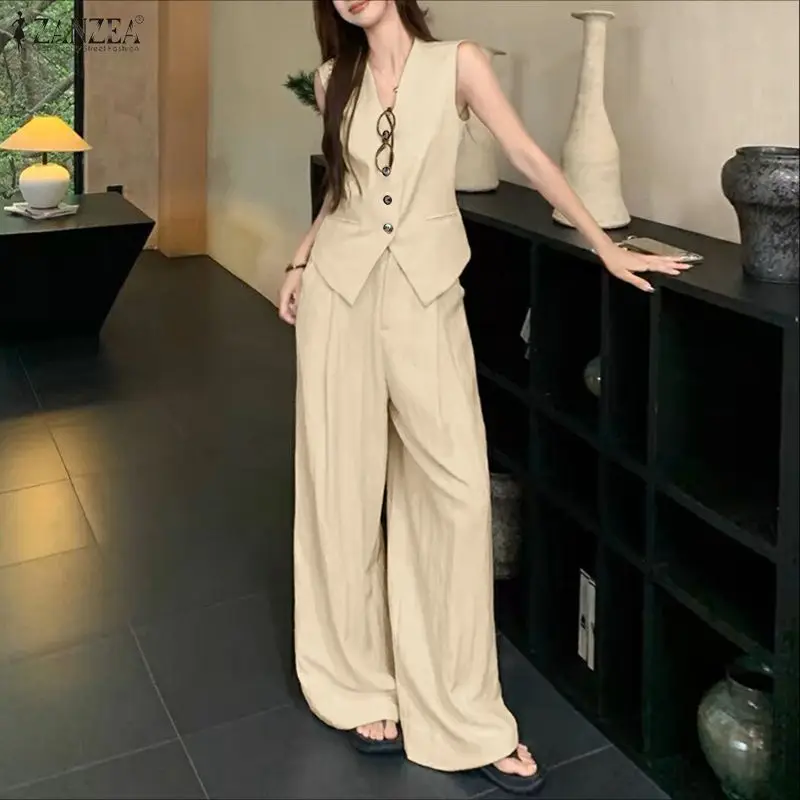 

2026 ZANZEA Fashion Summer 2 Pieces Sets Sleeveless Tank Tops Wide Leg Pant Sets Women Elegant Solid OL Work Outfits Tracksuit