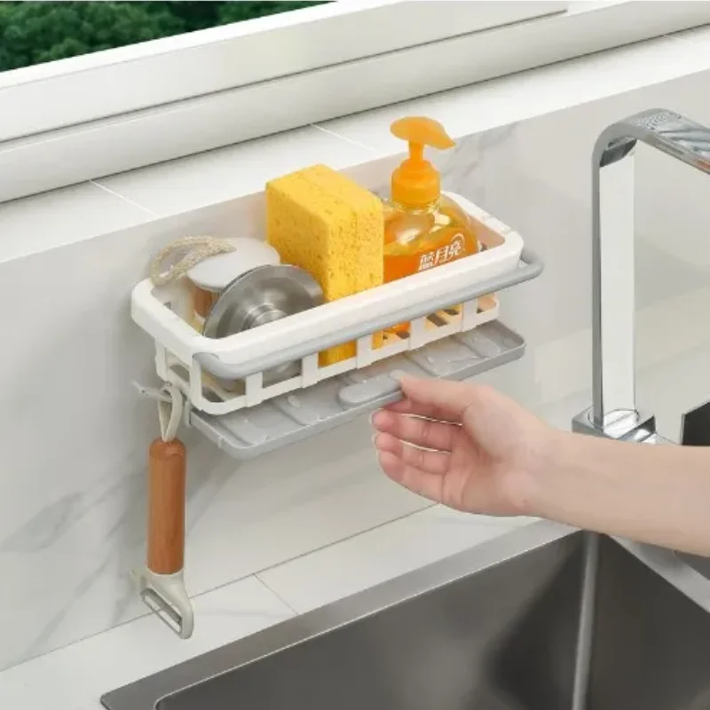 Sponge Holder Kitchen Organizer Dish Drainer Soap Rack Sink Tray Dishcloth Towel Rack Wall Mounted Storage Basket Shelf Kitchen