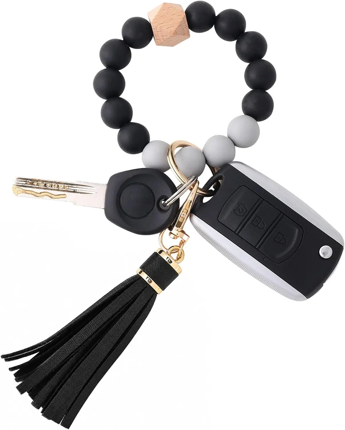 

Silicone Beaded Bracelet Keychain Wristlet Key Ring Bangle with Leather Tassel for Women