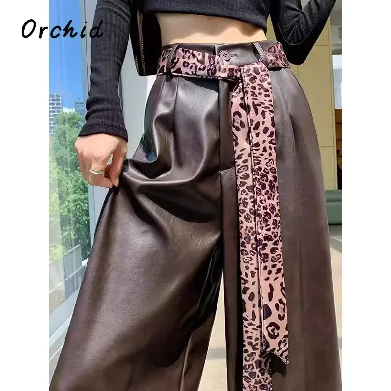 2024 Winter Moto Casual Style Red High Waist Wide Leg Leather Pants Women's Fashion Loose Vintage Leopard Full Length Trousers