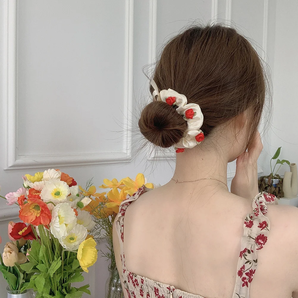 

4pcs Rose Tie Rope Silk Band Women Rose Ring Flower Hair Ring Comfortable Ponytail Holder Elegant Hair Tie