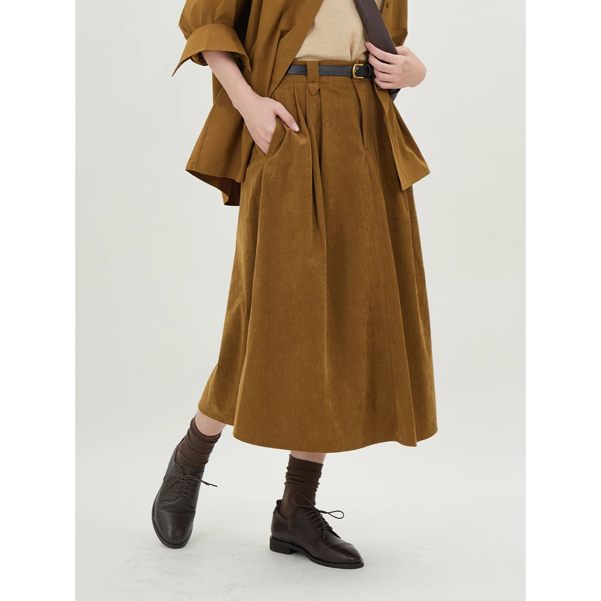 

Mustard Yellow Corduroy Umbrella Skirt Large Swing High Waist A-Line Long Dress Spring Autumn Versatile Slimming Fashionable
