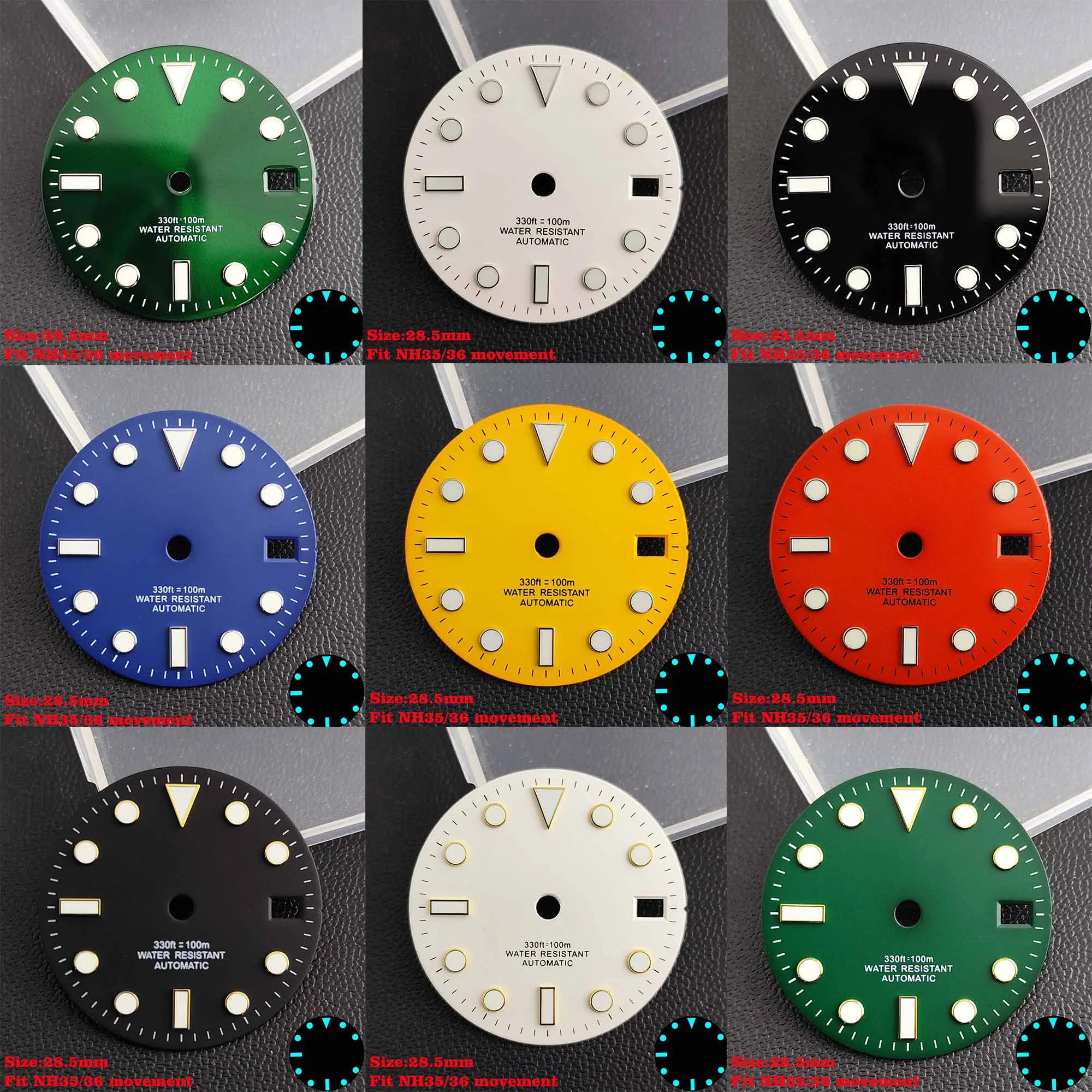 Esfera de 28,5mm adecuada para NH35/36, esfera estéril luminosa azul-verde, pieza de repuesto, relojes, esfera con logotipo personalizado