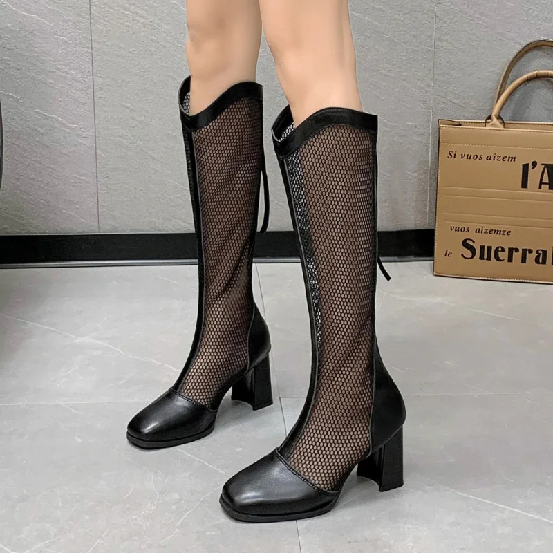 Women Summer Boots Platform Knee High Boots High Heels Hollow Mesh Women Long Boots Summer Shoes Botas sandals