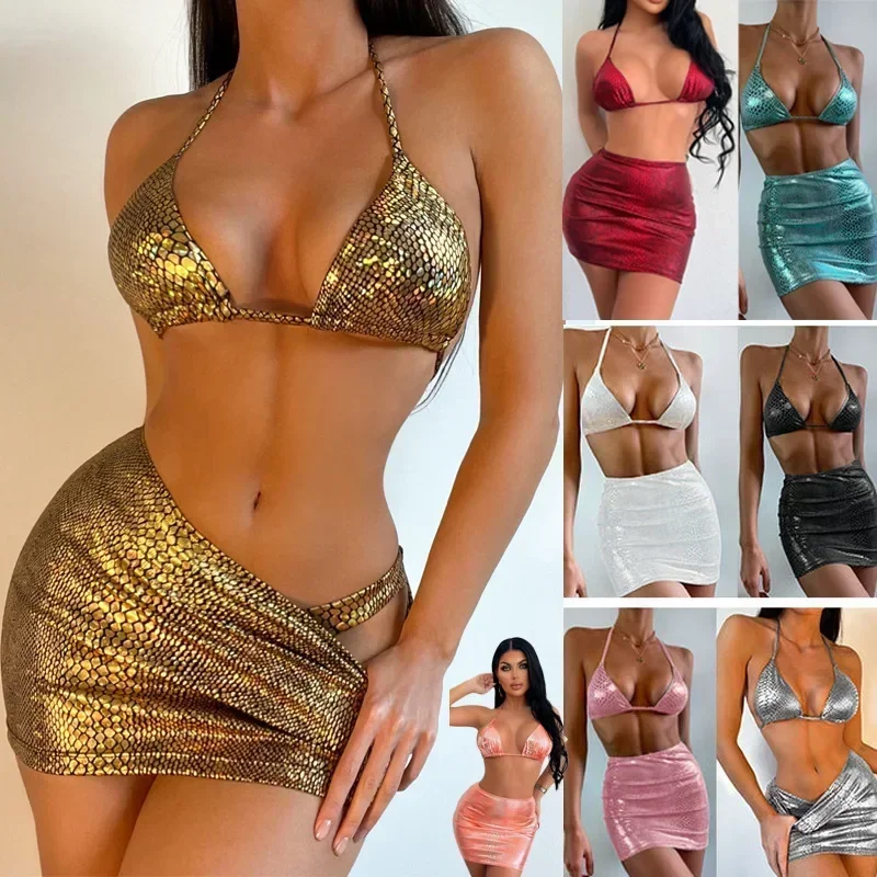 European and American swimsuits bikini women shiny sexy neck halter swimsuit