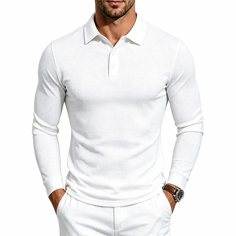 Men Solid Waffle Textured Lap Collar Long Sleeve Polo Shirt Slim Soft Versatile Daily Business Golf Casual Autumn Tops