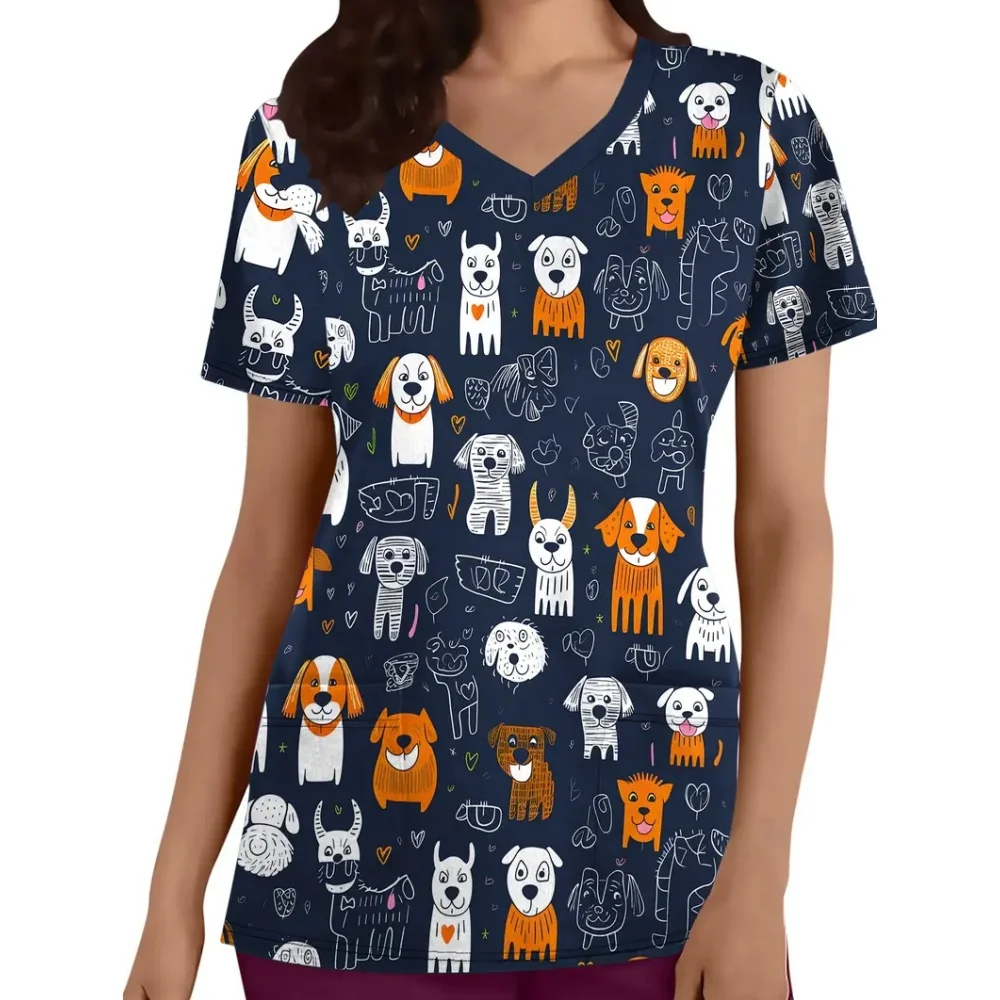 Medical Uniform for Women Cute Animal Pattern V-Neck Vet Medico Fashion Short Sleeve Patch Pocket Dental Clinical Uniform Woman