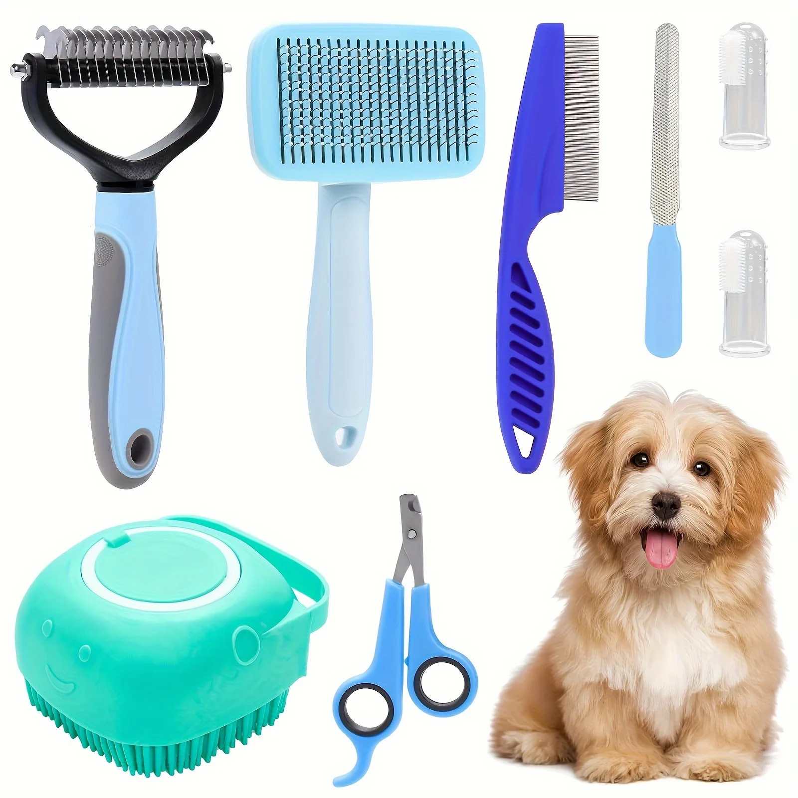 8-Piece set of dog grooming tools, self-cleaning set, nail clippers, file, hair removal comb, silicone toothbrush sticker.