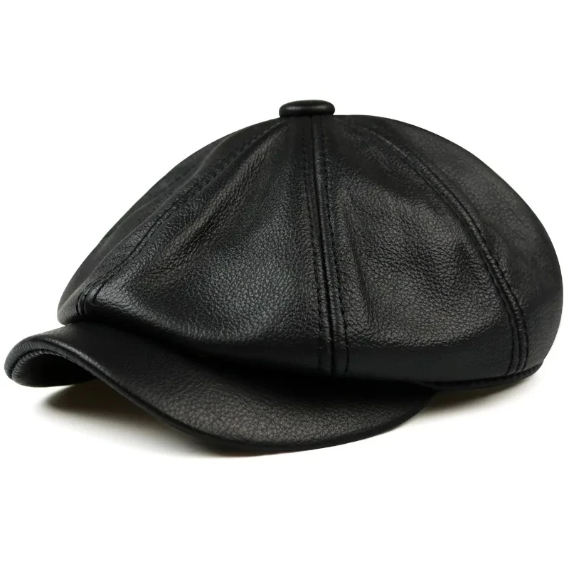 Hats Men 2024 Winter 100% Genuine Leather Warm Cap Male Beret Painter Boina Cowhide Octagonal Casquette High Quality Streetwear