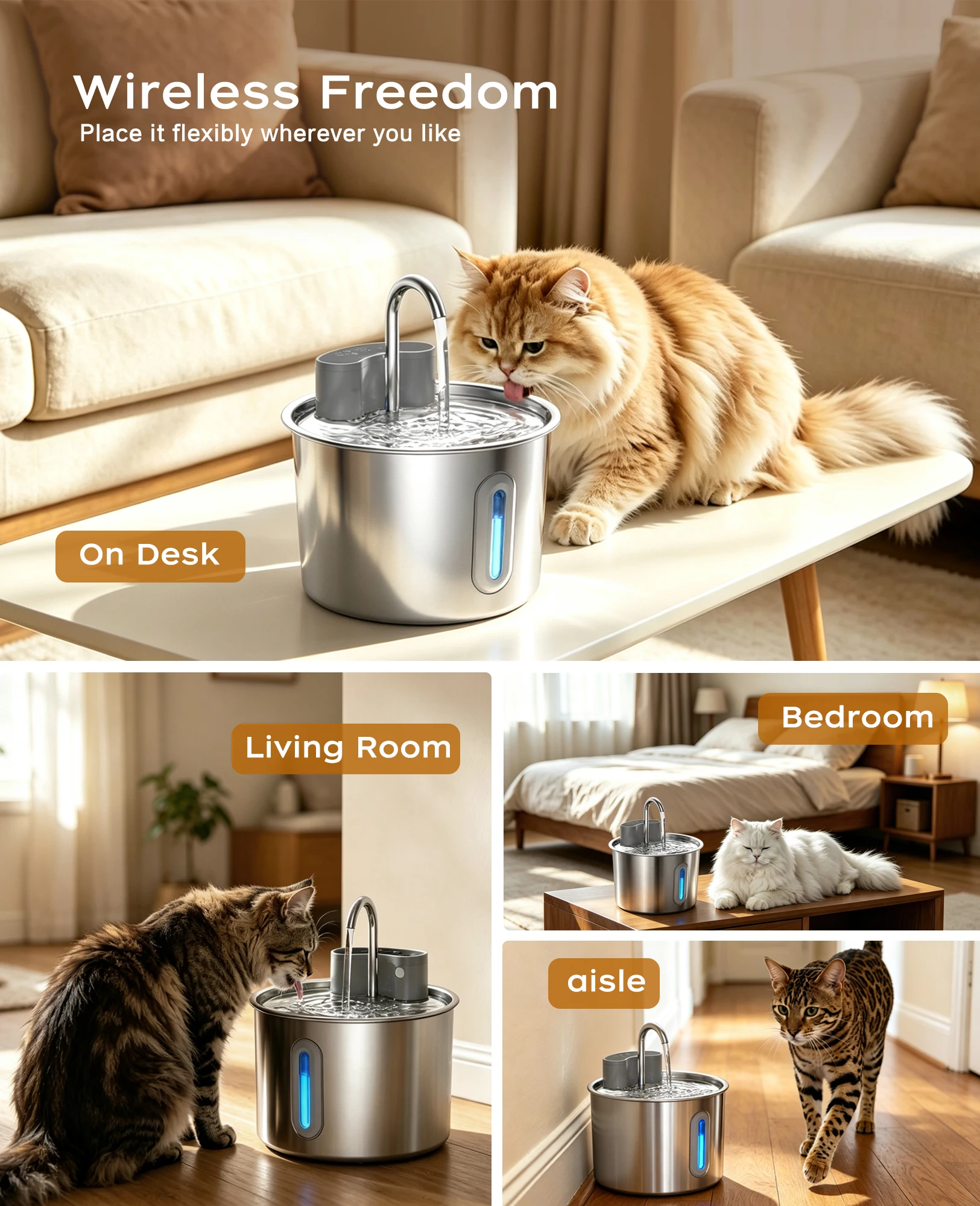 Cordless Stainless Steel Cat Water Fountain 74oz/2.2L,Battery Operated Quiet Automatic Wireless Pet Fountain for pets indoor