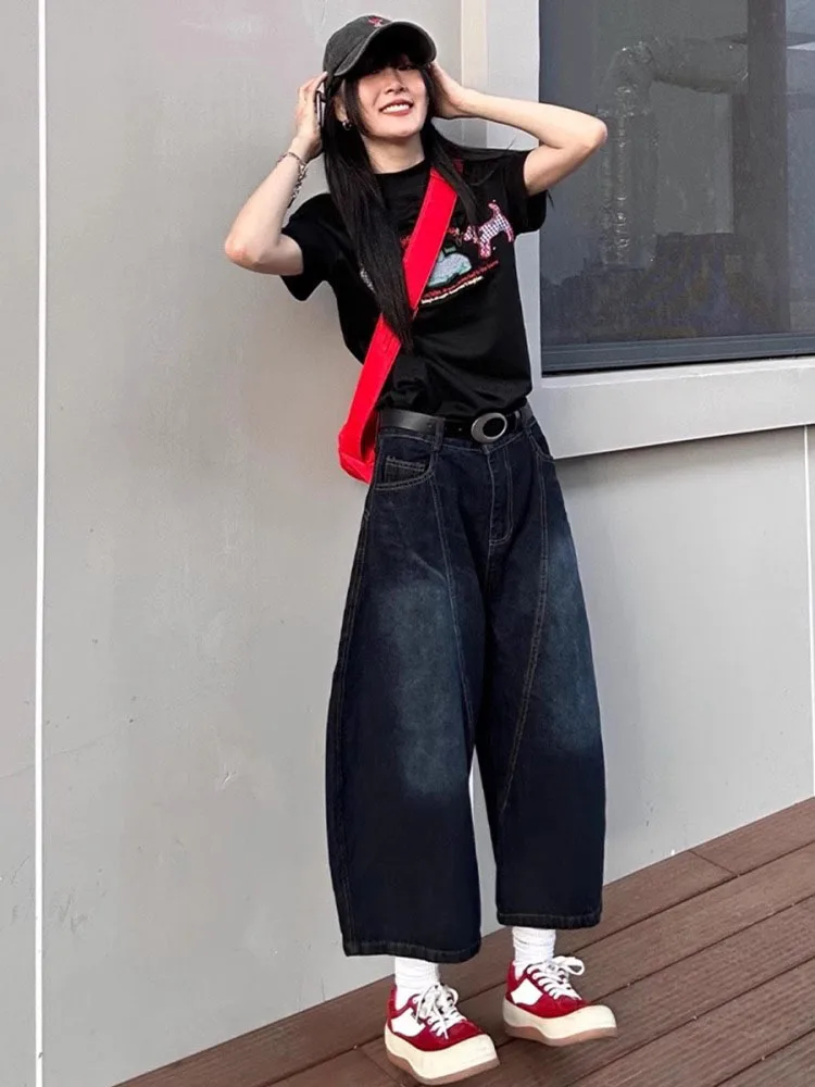 Plus Size Amerikaanse Retro Zeven Voet Jeans Vrouwen Losse Hoge Taille Slanke Rechte Wijde Pijpen Mes Midden Broek Casual losse Fit