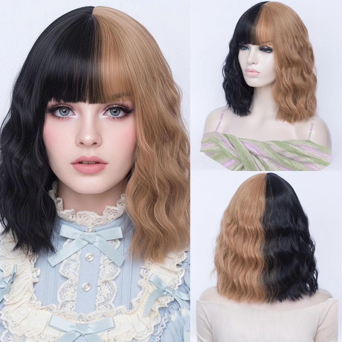 

Women Synthetic Wigs Short Curly Black Brown Double Spell Color Wig With Bangs Cosplay Lolita Party Heat Resistant Fake Hair