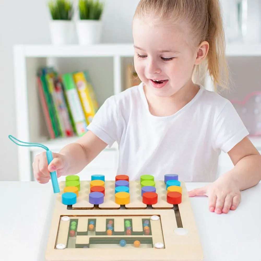 Wooden Color Matching Kids Game Rolling Bead Puzzle Montessori Sliding Puzzle Board Learning Color Sorting Wooden Rolling Toy