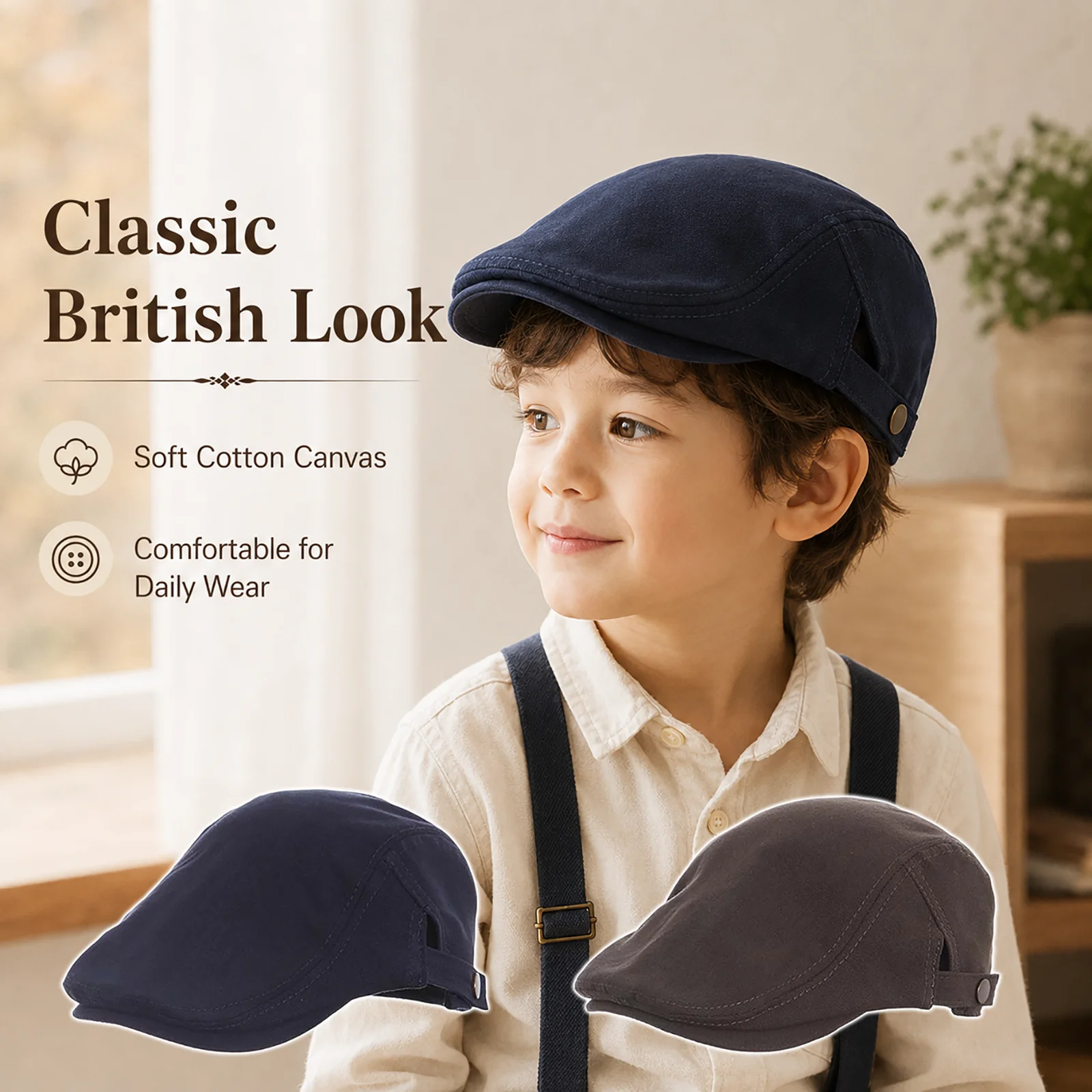 Kids Newsboy Cap Cotton Canvas Adjustable Flat Cap Vintage British Ivy Hat for Boys Girls Spring Fall Casual Children's Headwear