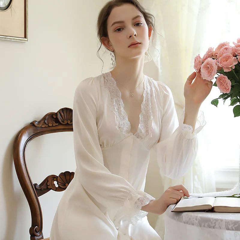 Sexy V-Neck Lace Nightgown Mid Long Nightdress Sleepwear Women Satin Silk Home Dressing Gown Causal Sleepshirt Homewear Lingerie