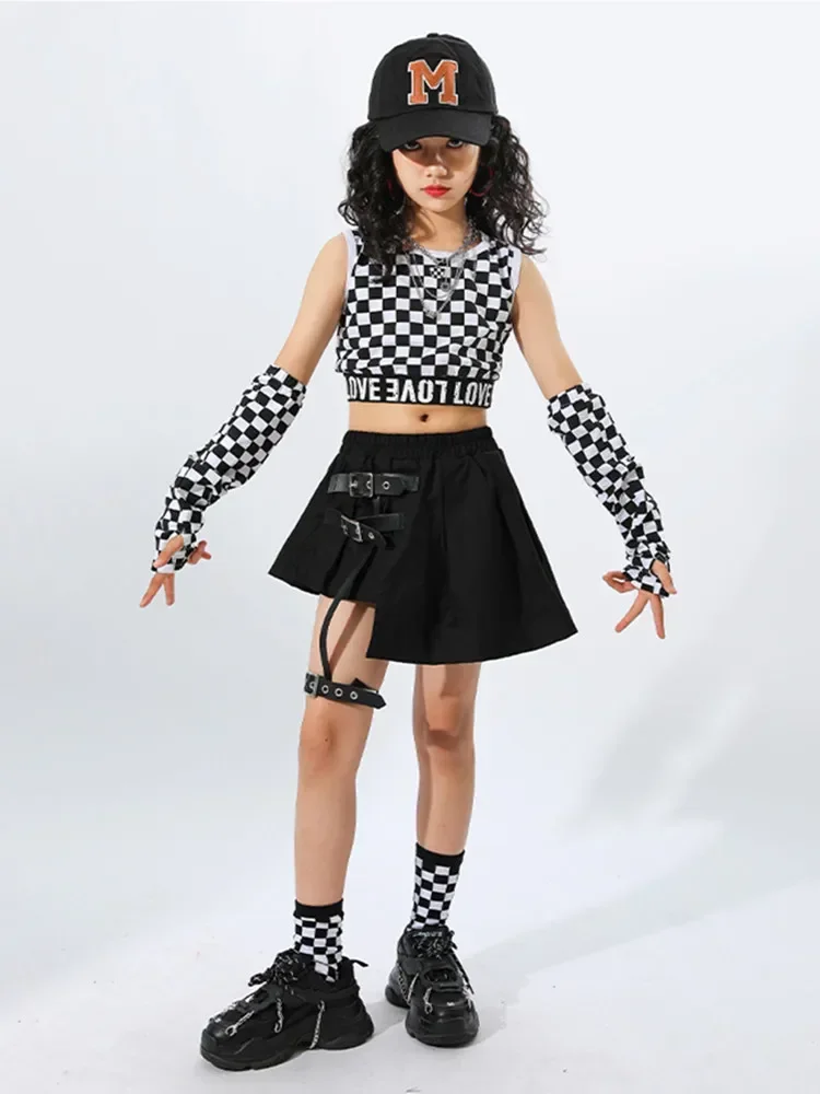 Teenager Girls Hip Hop Plaid Crop Top Black Skirt Children Streetwear Cool Clothes Sets Street Dance T-shirt Kids Jazz Costumes