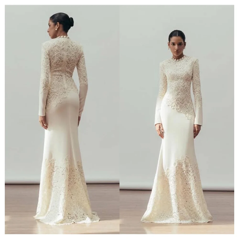 

Customized Mermaid Elegant White Jersey Evening Dress Fashion High Collar Long Sleeves Party Dress Delicate Celebrity Gowns