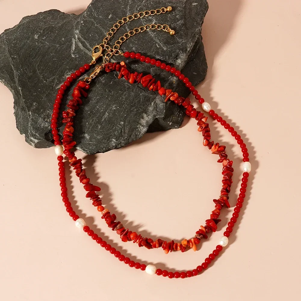 Irregular Natural Stone Necklace Stylish Beautiful Red Choker Double Chain Women Jewelry Festival Dress Up Travel New Year