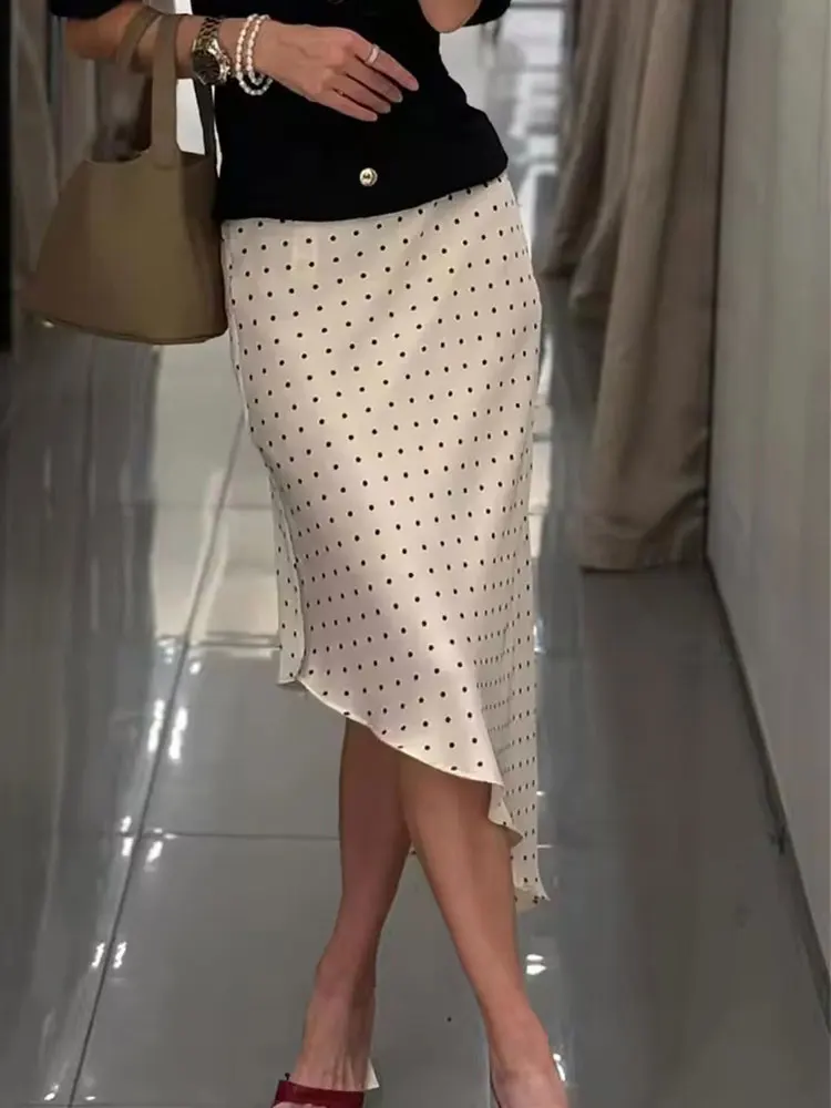 

Женская модная юбка миди в горошек с асимметричным подолом, эластичной талией, из сатина, летняя повседневная юбка для отпуска и пляжа