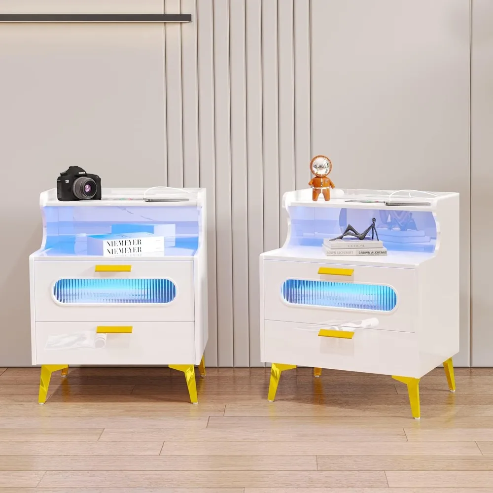 

RGB Nightstand Set of 2, with Wireless Charging Station, Smart Bedside Table with Lights for Bedroom, Modern Night Stand with 2