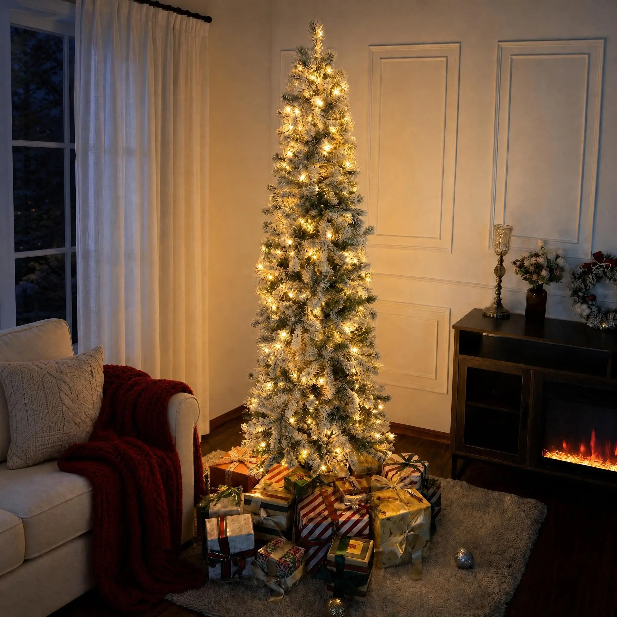 6FT Pre-Lit Flocked Slim Christmas Tree with 250 Warm White LEDs, 600 Advice – Narrow Artificial Pencil Xmas Tree for Indoor Apartment Office Holiday Decor – Metal Stand Included