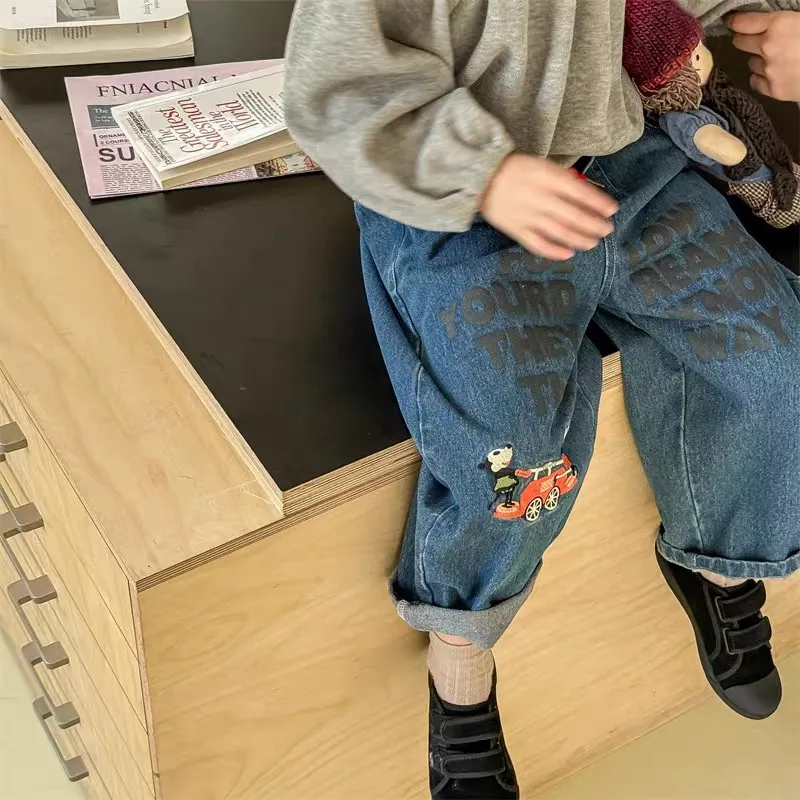 الخريف الاطفال الفتيان الجينز ربيع جديد الأطفال الكرتون المطبوعة عارضة السراويل الطويلة 80-130 سنتيمتر